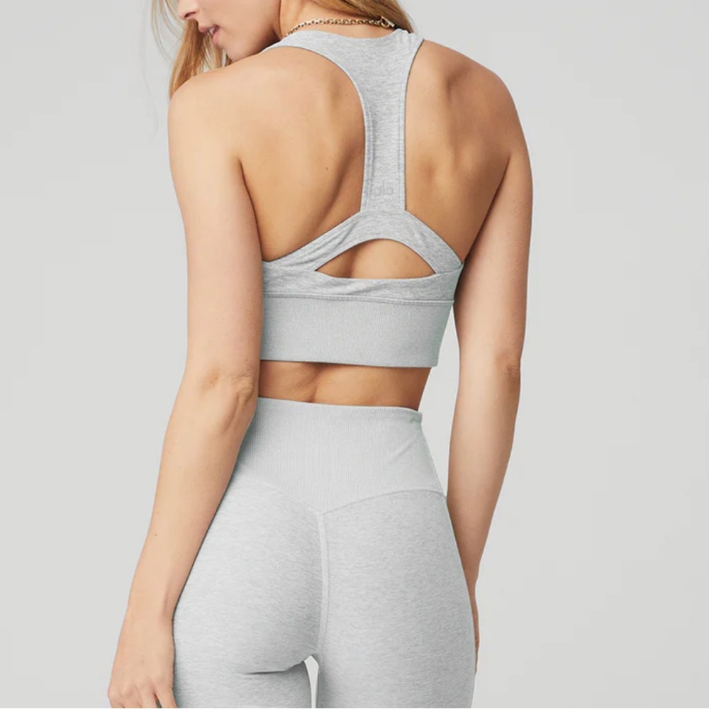 Alo Yoga Alosoft XS set (bra + shorts) in Zinc Heather (light gray). Like new!